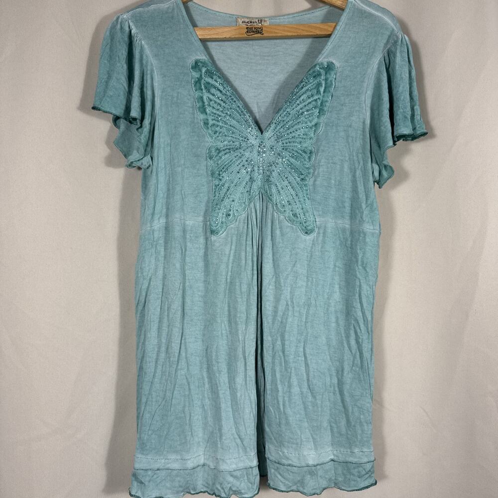 One World Tunic Top Size small Boho Fairy Babydoll Embellished Butterfly Y2K